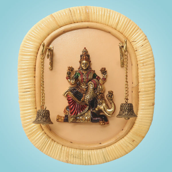 Brass Gajalakshmi Wall Hanging 12.75"- Cane Frame Decor for Prosperity Vibes