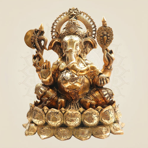 19" Big Size Brass Ganesha Idol on Lotus Base for Worship