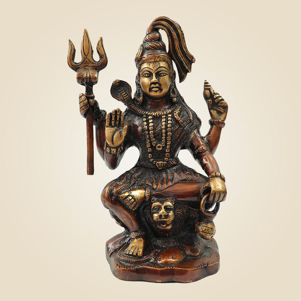 Hand Painted Brass Shiva Idol with Trishul & Damru | Evil Destroyer Murti - 8.75"