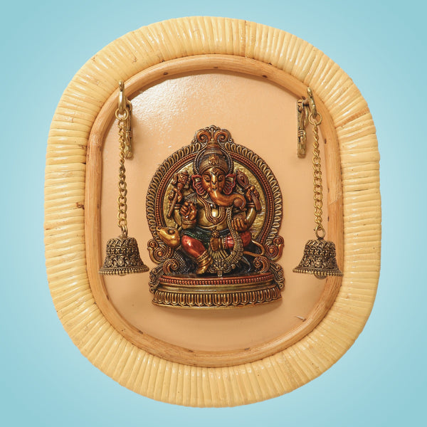 Brass Ganesha Wall Art • Cane Frame Hanging for Auspicious Ambience - 12.75"