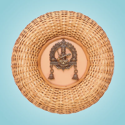 Saraswati Wall Hanging - Cane Wall Frame Art • Brass Look Idol with Bells - 16