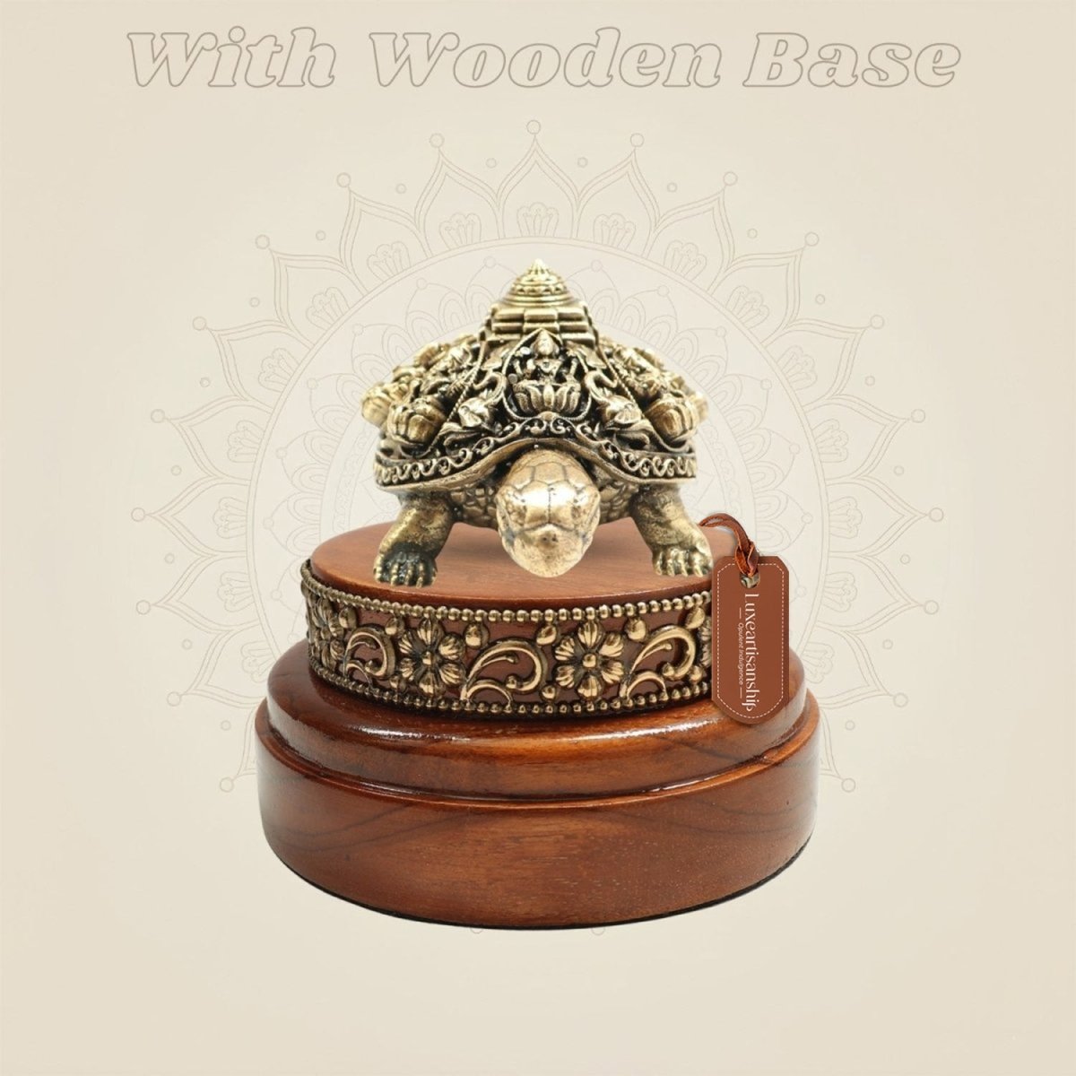 2" Brass Ashtalakshmi Shree Yantra with Tortoise Idol on Round Wooden Base - Luxeartisanship