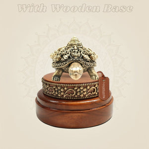 2" Brass Ashtalakshmi Shree Yantra with Tortoise Idol on Round Wooden Base - Luxeartisanship