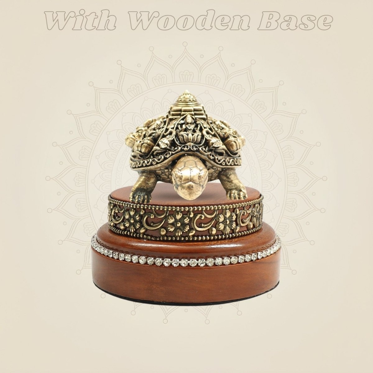 2" Brass Ashtalakshmi Shree Yantra with Tortoise Idol on Round Wooden Base - Luxeartisanship