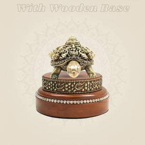 2" Brass Ashtalakshmi Shree Yantra with Tortoise Idol on Round Wooden Base - Luxeartisanship
