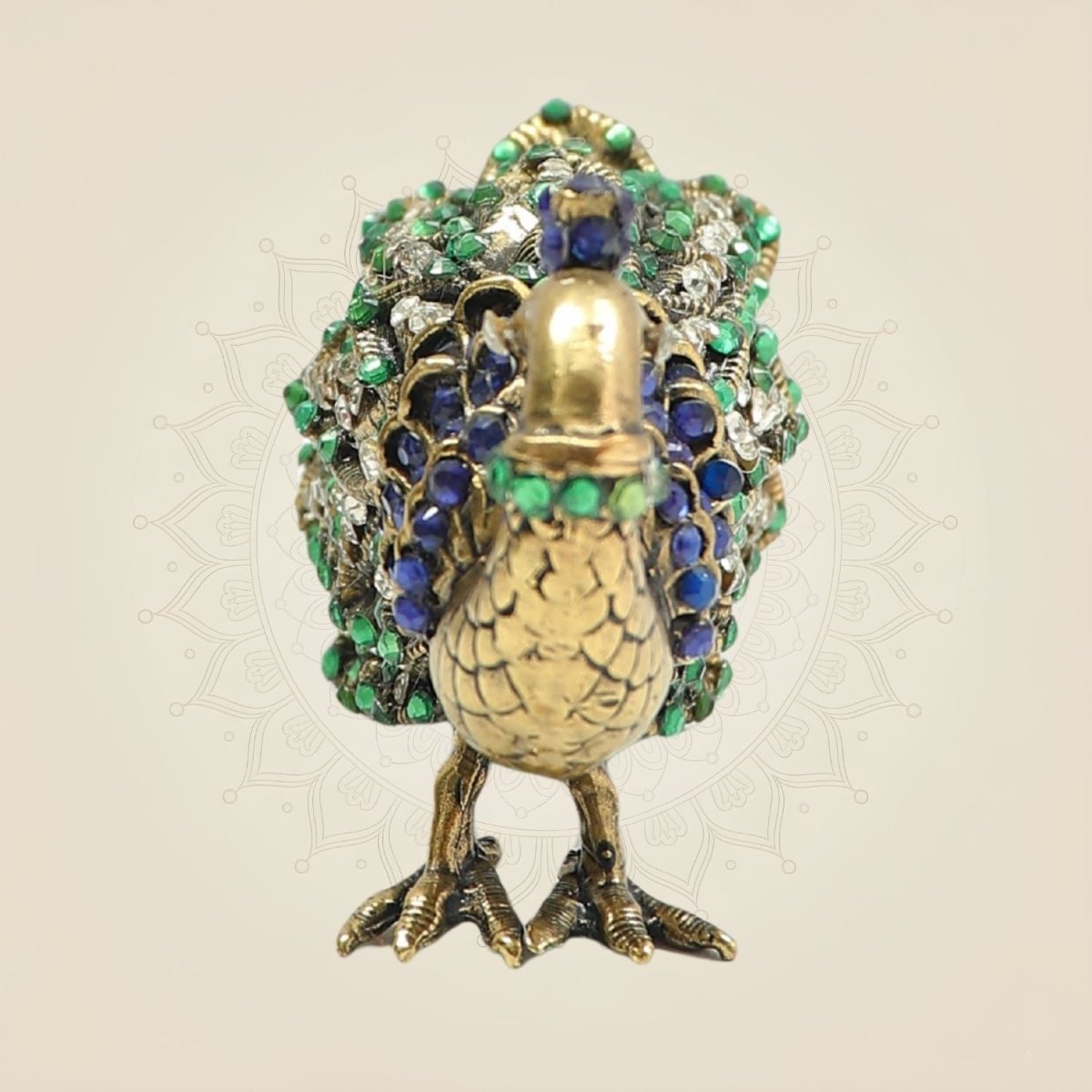 2" Brass Peacock Showpiece Featuring Multicolour Rich Stone Detailing - Luxeartisanship