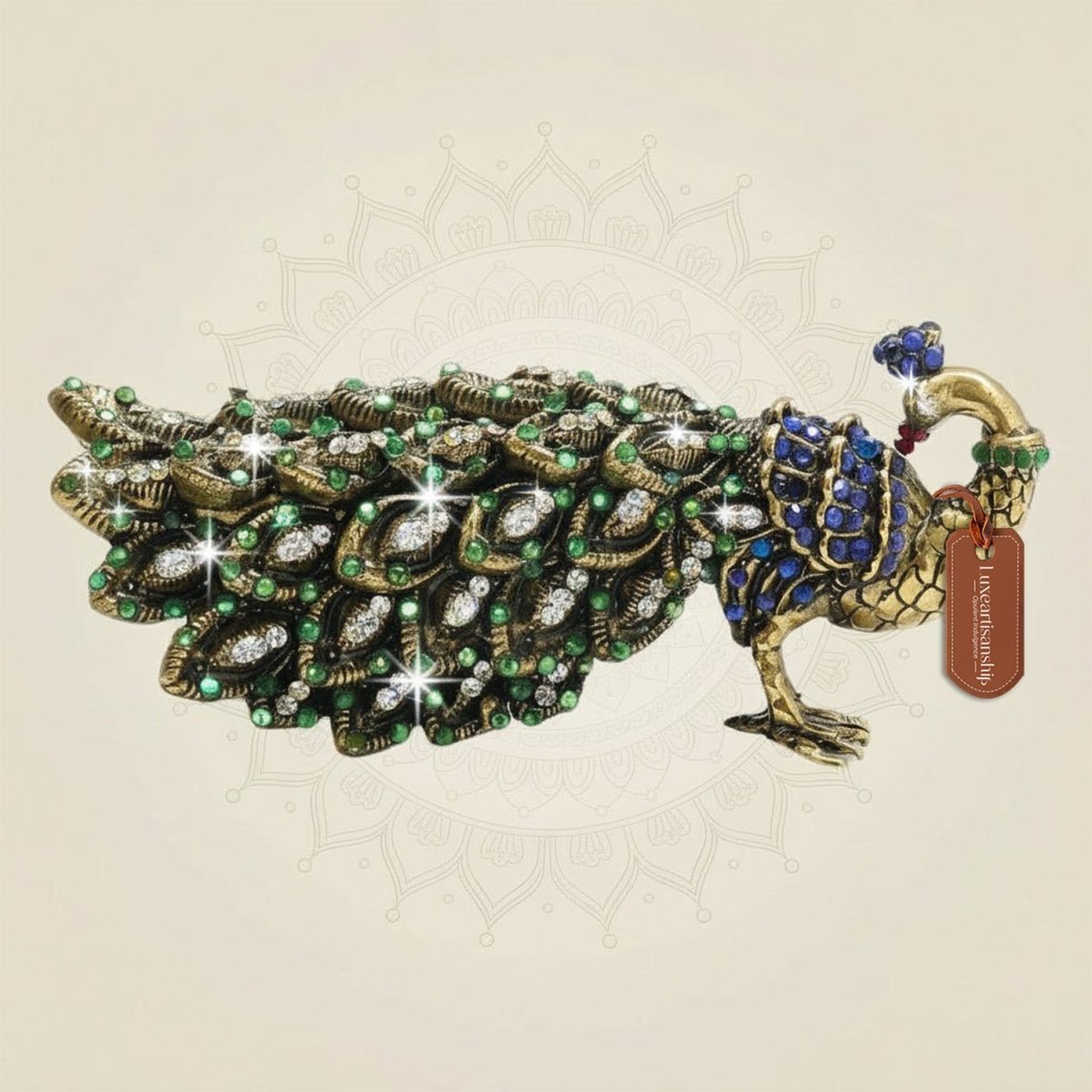 2" Brass Peacock Showpiece Featuring Multicolour Rich Stone Detailing - Luxeartisanship