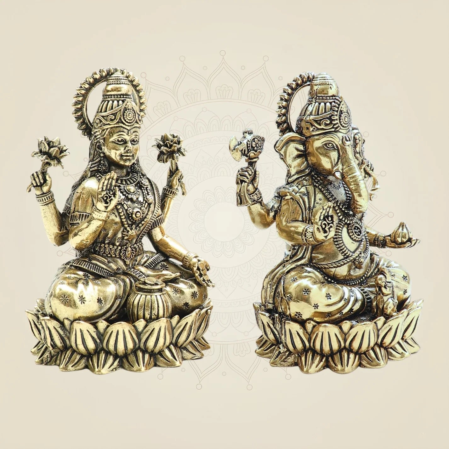 Brass Lakshmi Ganesha Idol on Lotus – Miniature Sacred Murti -2"