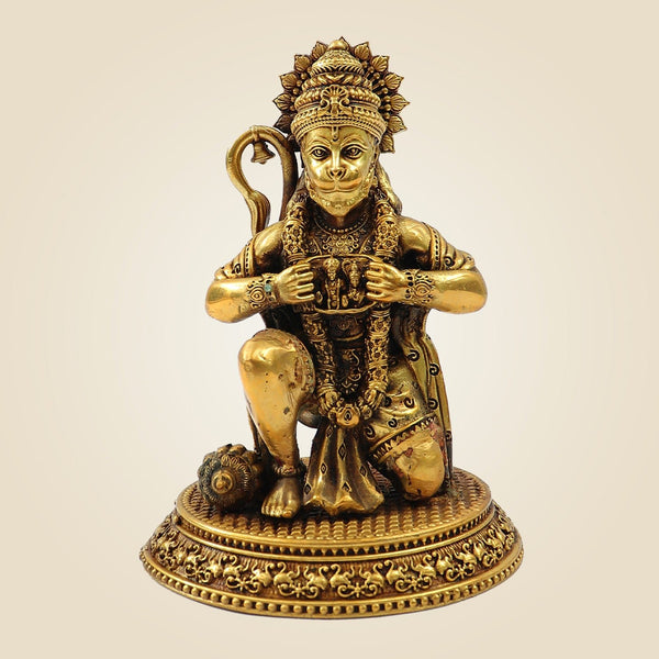Brass Hanuman Idol – Heart Opening Pose with Ram & Sita - Handcrafted Spiritual Statue 5"