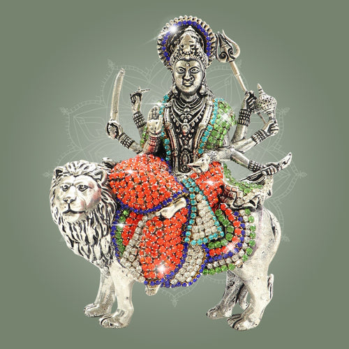 Brass Durga Maa Idol on Lion Featuring Multicolor Stone Work Detailing 6"