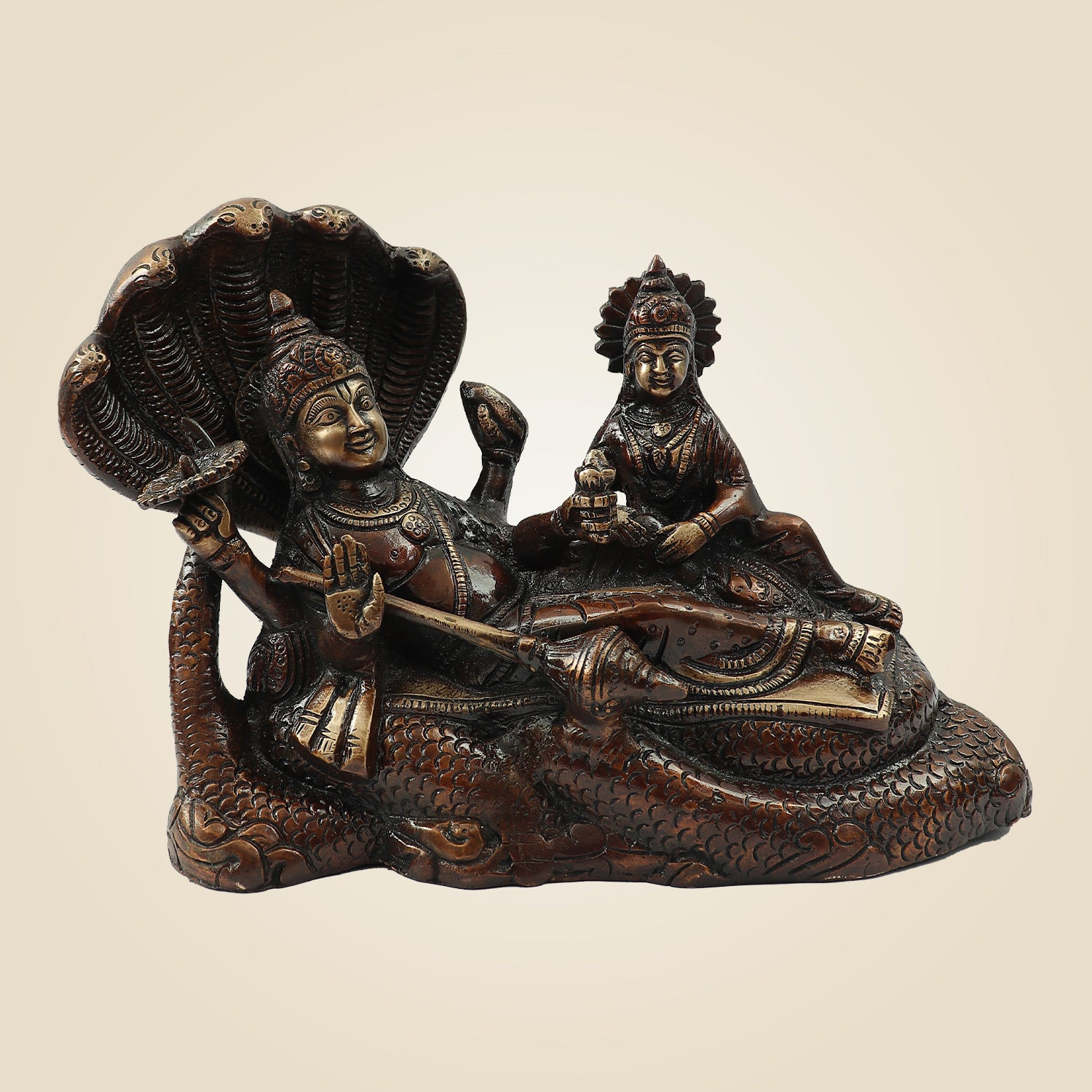 Hand Painted Brass Lakshmi Narayan Idol on Sheshnag 7 " | Temple & Home Statue