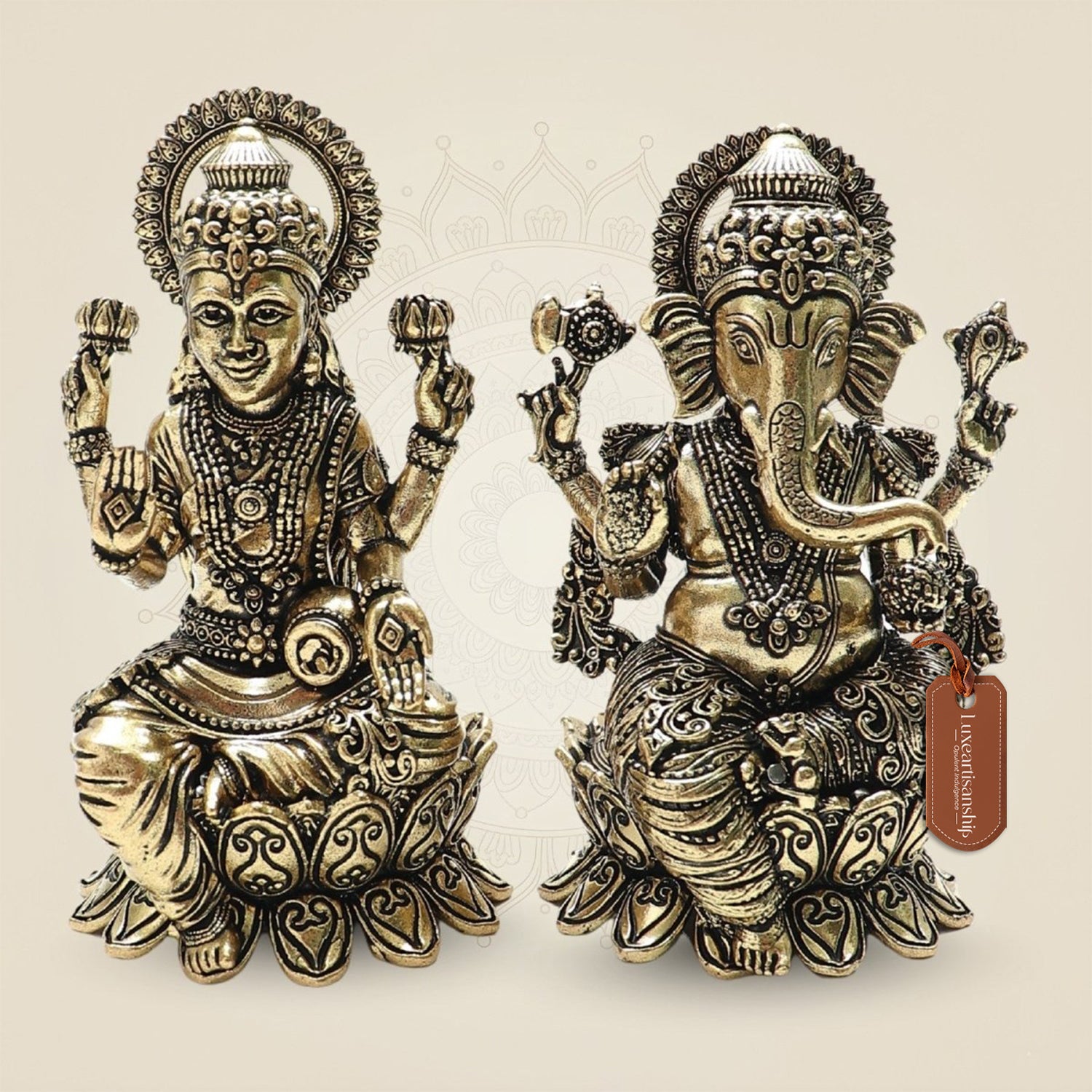 Lakshmi and Ganesha Brass Idol Set – Lotus Seated Prosperity 4" - Luxeartisanship