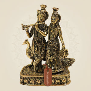 6" Radha Krishna Brass Idol with Peacock for Home Decor