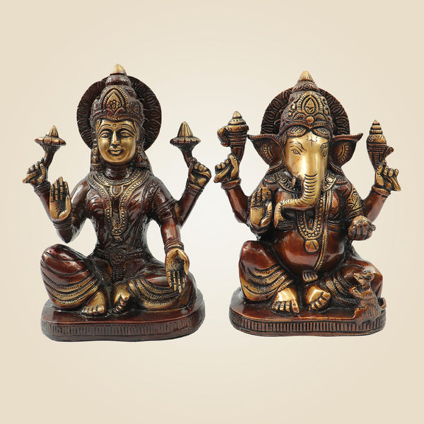 Colorful Brass Lakshmi Ganesh Idol Pair 8" | Decorative Laxmi Ganesha Statue for Temple & Home