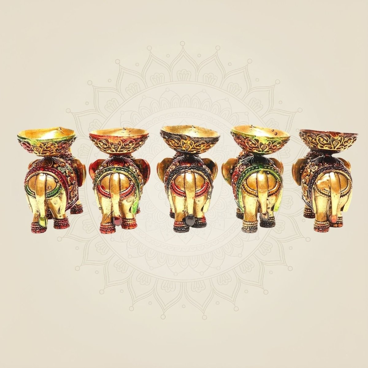 2.25" Brass Elephant Diya Set of 5 – Handcrafted Pooja Oil Lamps for Pooja & Festive Decor - Luxeartisanship