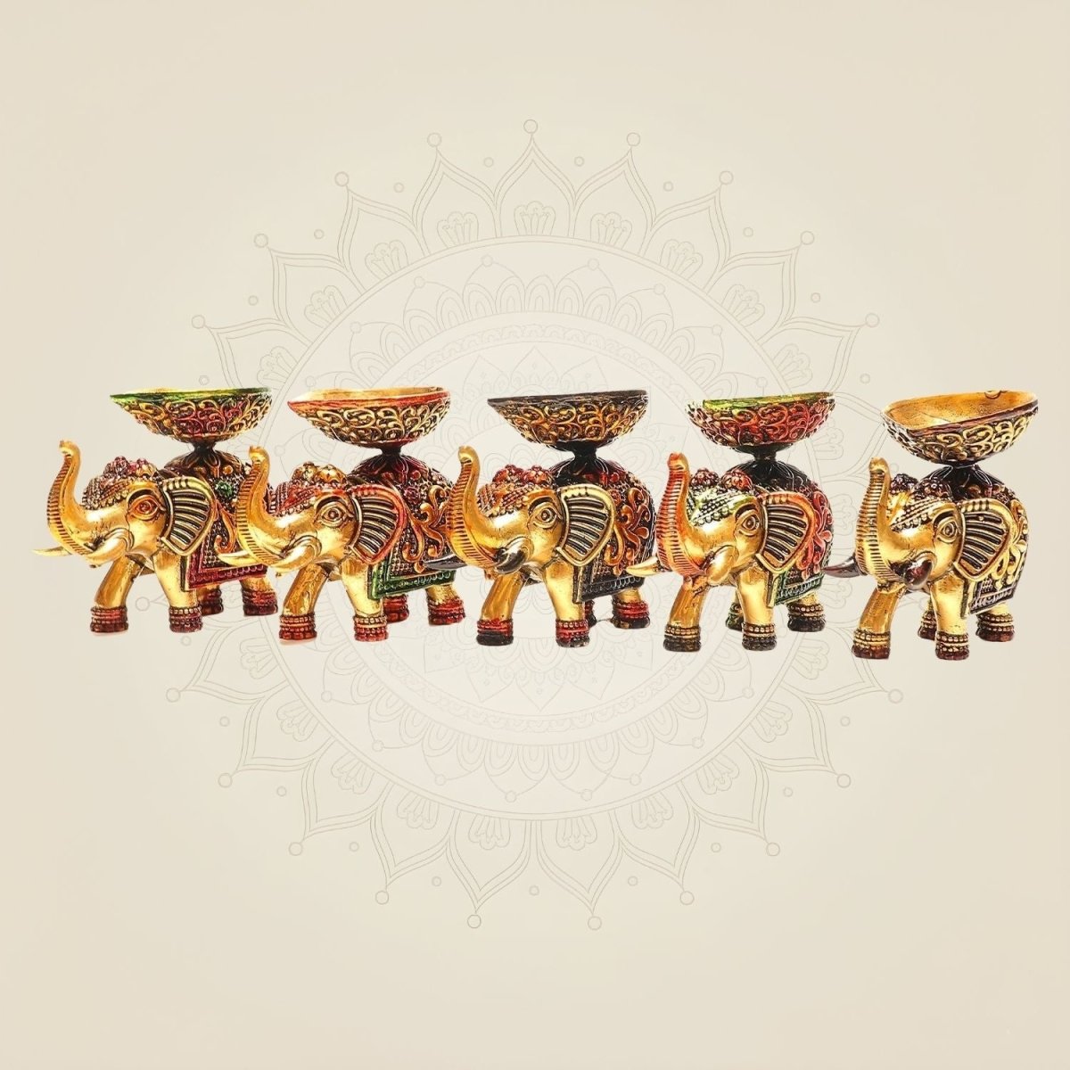 2.25" Brass Elephant Diya Set of 5 – Handcrafted Pooja Oil Lamps for Pooja & Festive Decor - Luxeartisanship