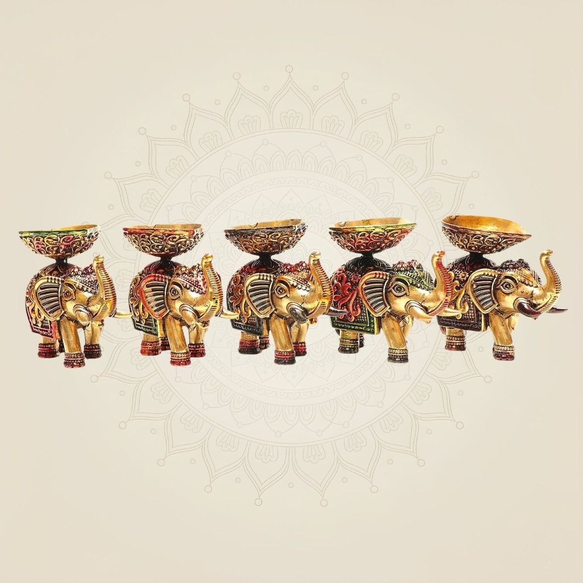 2.25" Brass Elephant Diya Set of 5 – Handcrafted Pooja Oil Lamps for Pooja & Festive Decor - Luxeartisanship