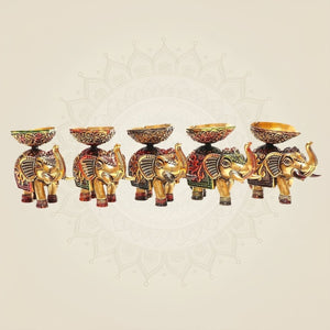 2.25" Brass Elephant Diya Set of 5 – Handcrafted Pooja Oil Lamps for Pooja & Festive Decor - Luxeartisanship