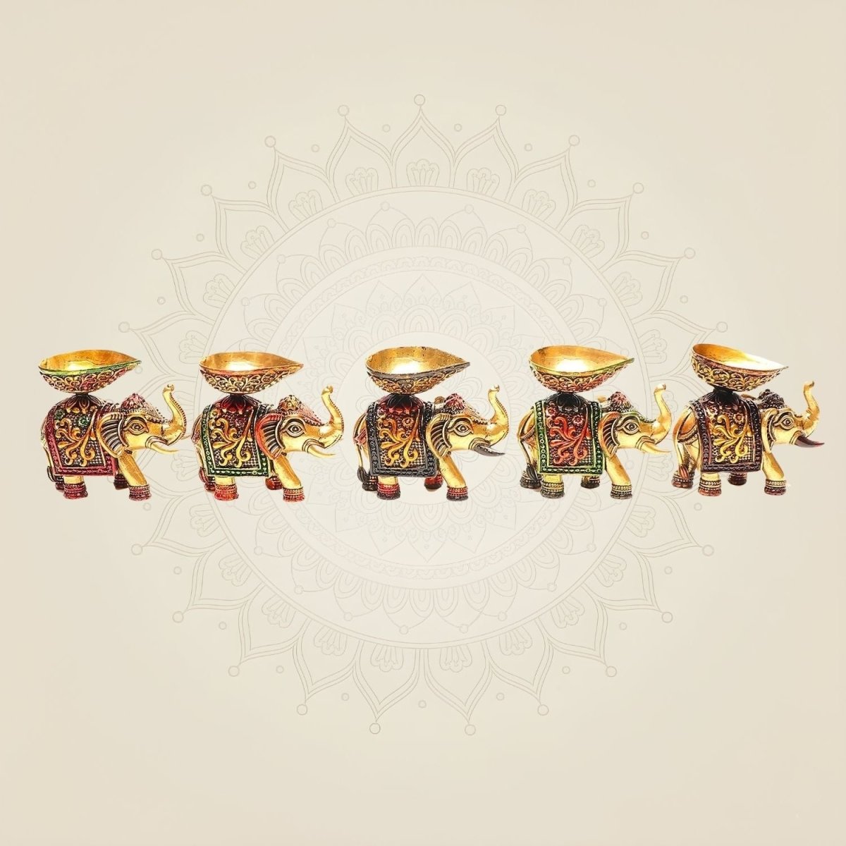 2.25" Brass Elephant Diya Set of 5 – Handcrafted Pooja Oil Lamps for Pooja & Festive Decor - Luxeartisanship