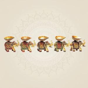 2.25" Brass Elephant Diya Set of 5 – Handcrafted Pooja Oil Lamps for Pooja & Festive Decor - Luxeartisanship