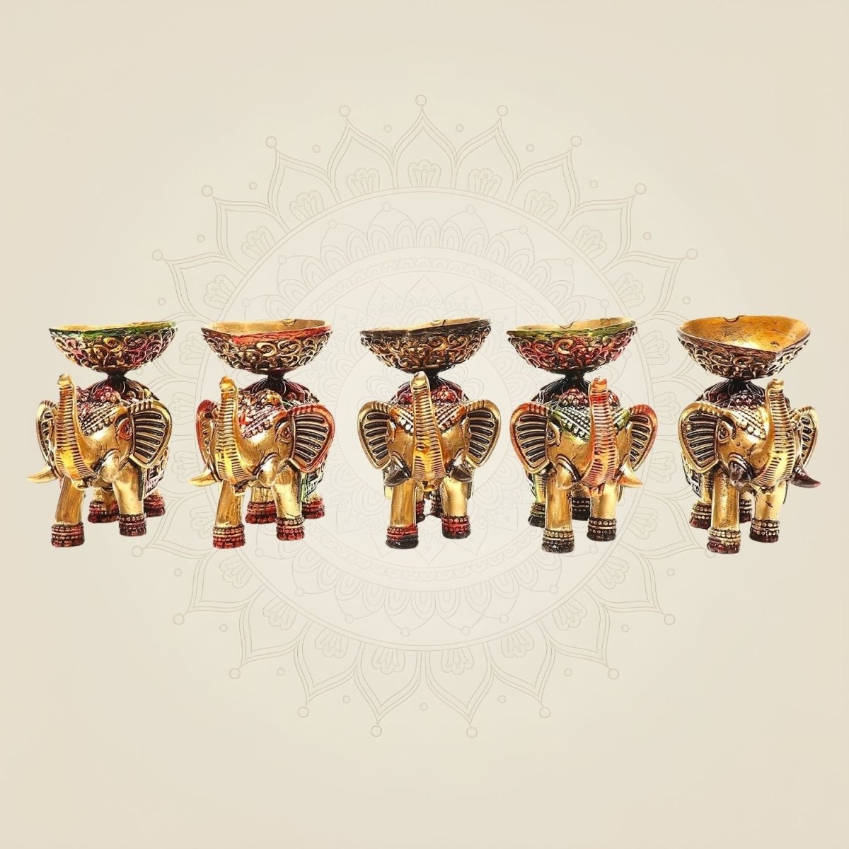 2.25" Brass Elephant Diya Set of 5 – Handcrafted Pooja Oil Lamps for Pooja & Festive Decor - Luxeartisanship
