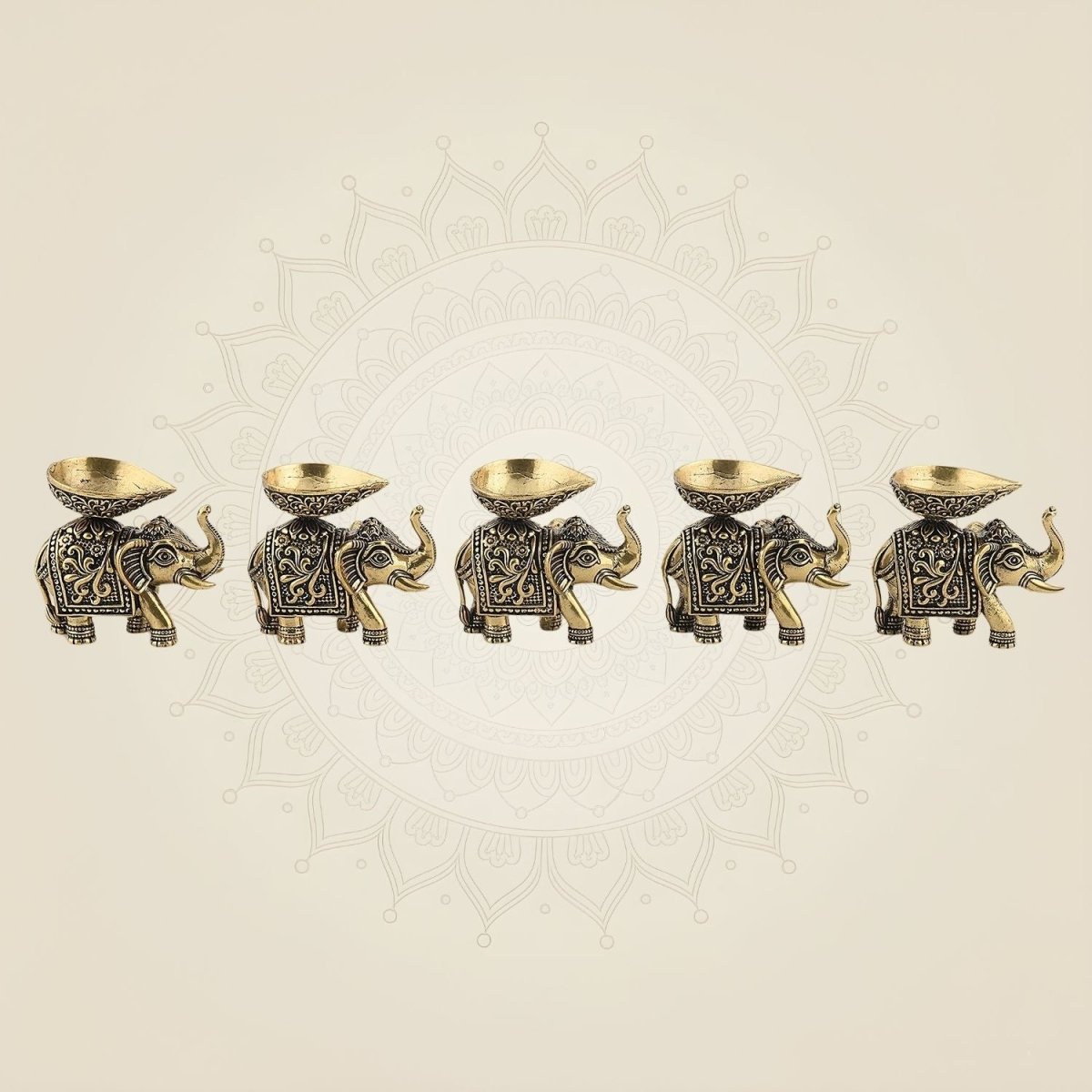 2.25" Brass Elephant Diya Set of 5 – Handcrafted Pooja Oil Lamps for Pooja & Festive Decor - Luxeartisanship