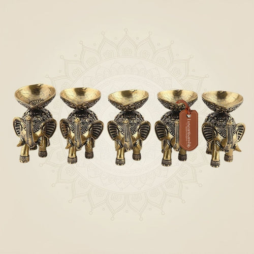 2.25" Brass Elephant Diya Set of 5 – Handcrafted Pooja Oil Lamps for Pooja & Festive Decor