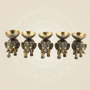 2.25" Brass Elephant Diya Set of 5 – Handcrafted Pooja Oil Lamps for Pooja & Festive Decor - Luxeartisanship