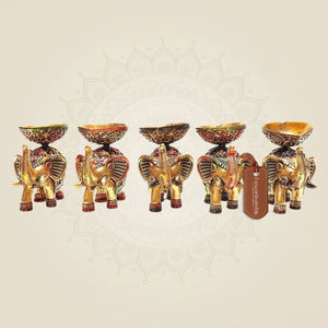 2.25" Brass Elephant Diya Set of 5 – Handcrafted Pooja Oil Lamps for Pooja & Festive Decor - Luxeartisanship