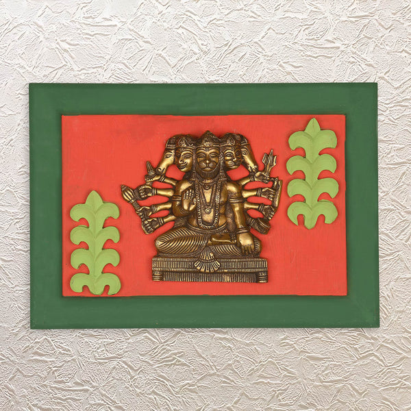 Panchmukhi Hanuman Brass Idol in Wooden Wall Frame • Divine 17" Décor