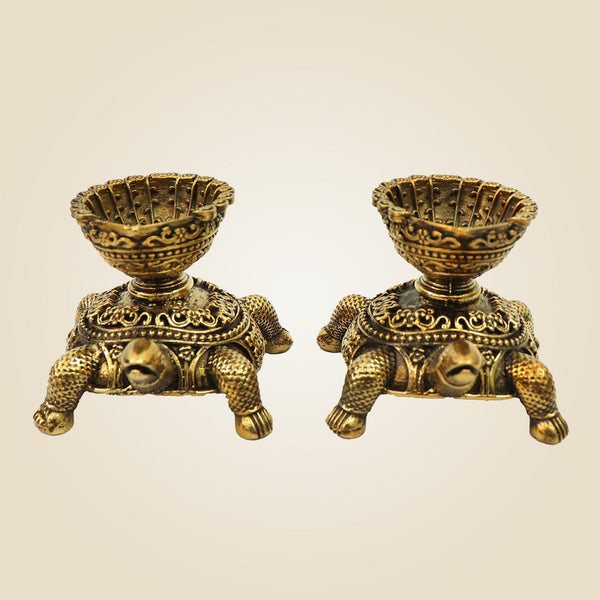 Pair of Brass Turtle Diyas 2.5" | Traditional Tortoise Oil Lamps for Temple & Home