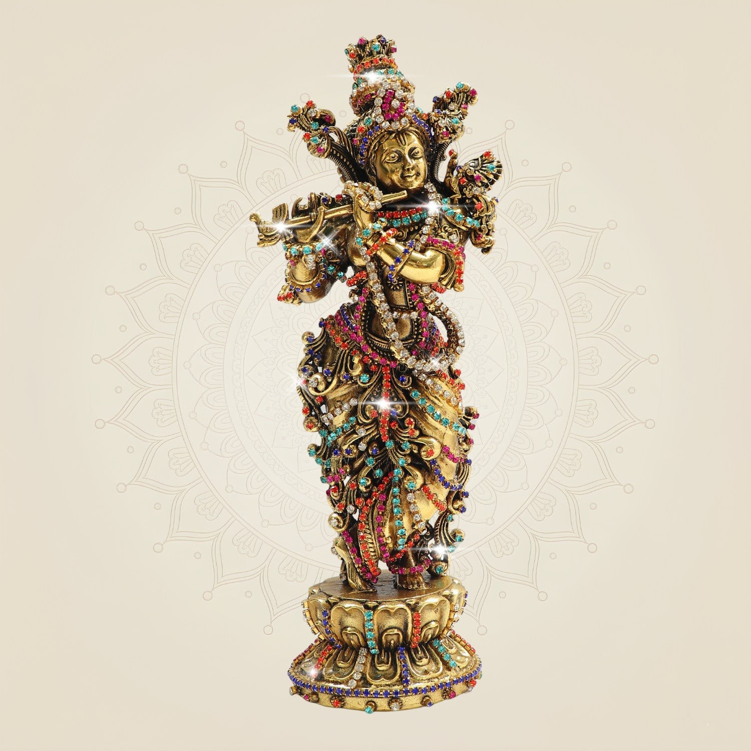 South Indian Krishna Brass Idol 7.75" with Multicolour Rhinestone Stone Work
