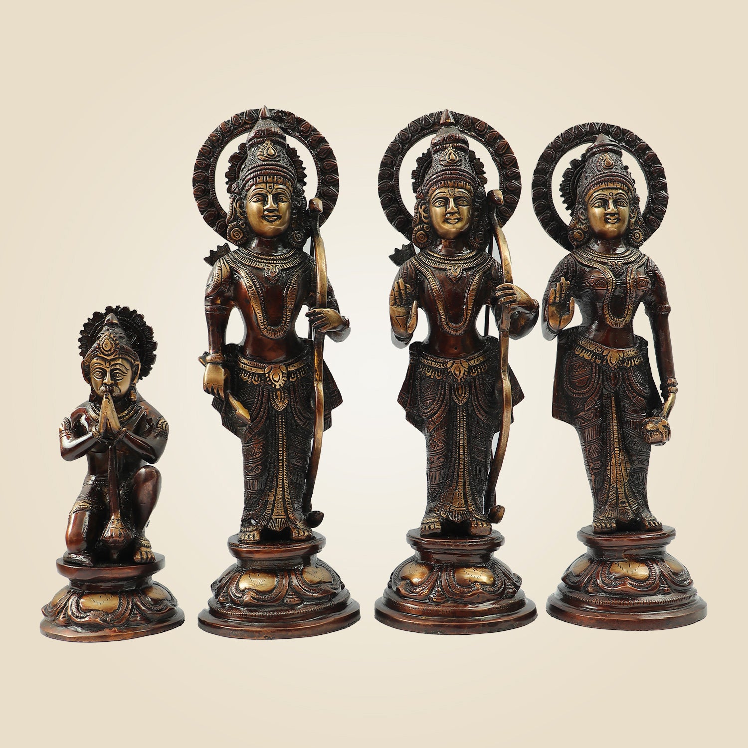 Antique Polish Brass Ram Darbar Idol Set | Rama Sita Lakshman Hanuman Murti 12.5" for Temple & Home Decor