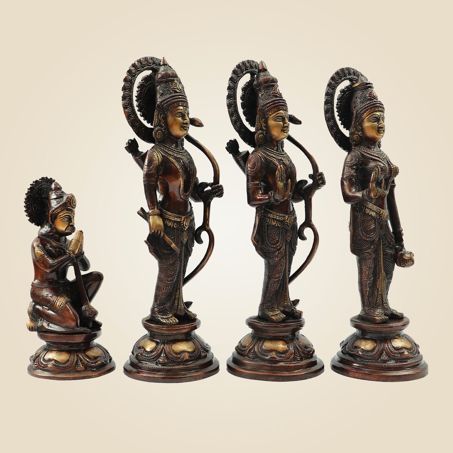 Antique Polish Brass Ram Darbar Idol Set | Rama Sita Lakshman Hanuman Murti 12.5" for Temple & Home Decor