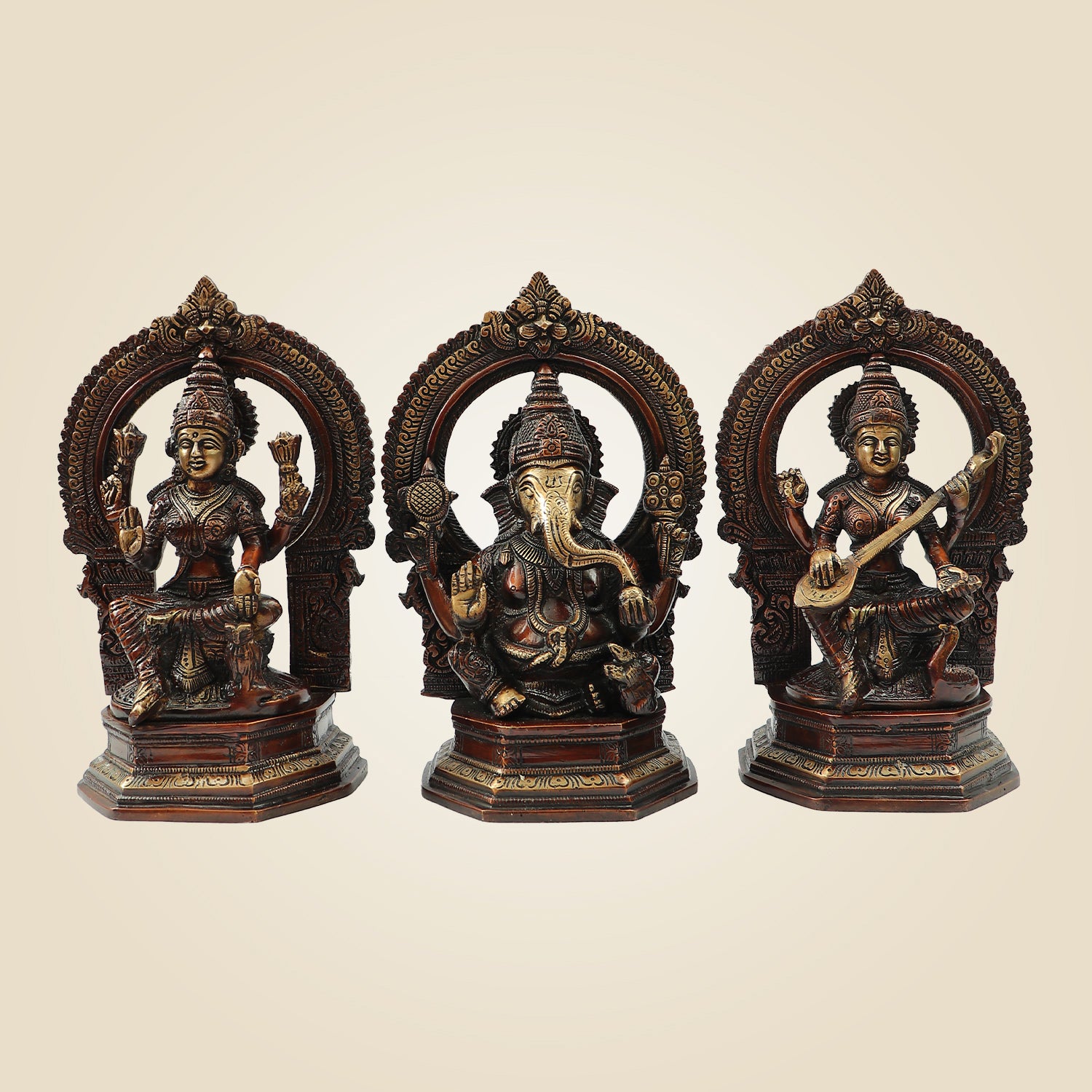 Traditional Brass Lakshmi Ganesh Saraswati Idol Set 9.5" | Decorative Hindu God Statue Trio for Home & Pooja