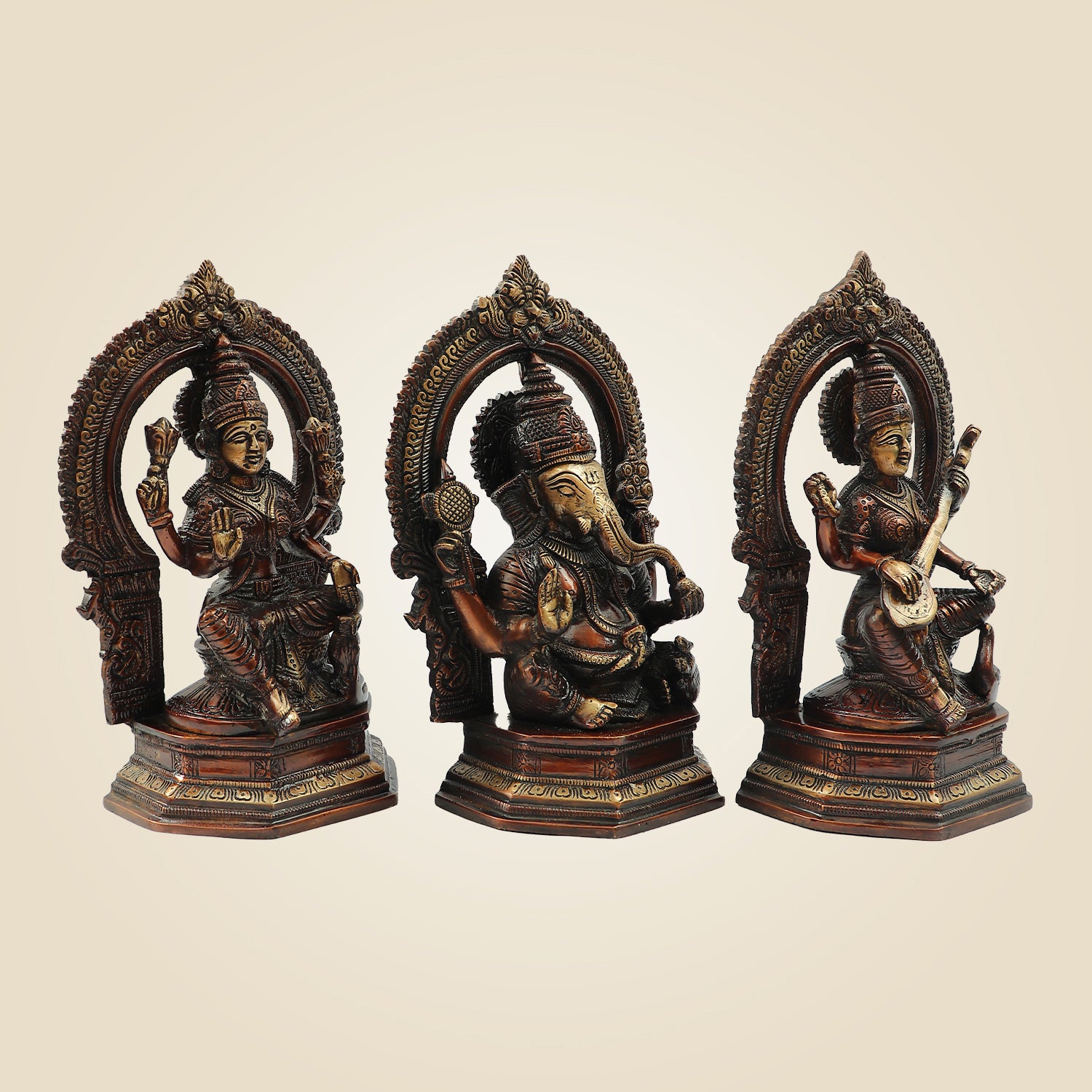 Traditional Brass Lakshmi Ganesh Saraswati Idol Set 9.5" | Decorative Hindu God Statue Trio for Home & Pooja