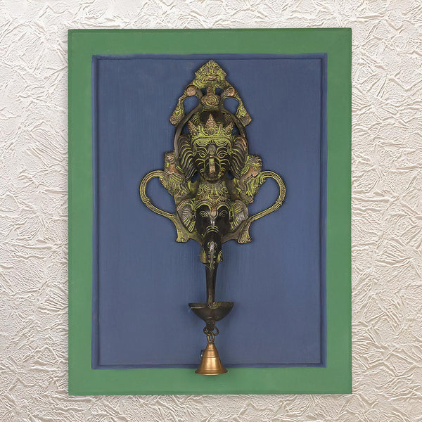Divine Decor Wall Frame with Brass Ganesha Diya & Bell 18"• Antique Vastu Decor for Home