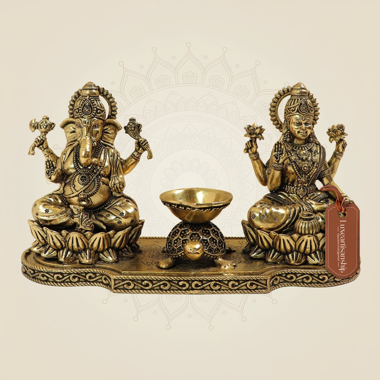 Brass Laxmi Ganesh Idol with Tortoise Diya 4.5 Inch – Prosperity & Wealth Decor