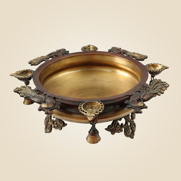 Pure Hand Painted Brass Urli with Peacock Motifs & Hanging Bells 6" | Traditional Decor