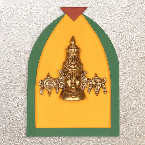 Balaji Brass Idol • Shank & Chakra Design • 15.5" Wooden Wall Frame Decor