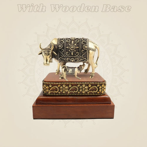 Brass Kamdhenu Cow with Calf Murti as a Wooden Base Sacred Showpiece 3.5"