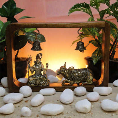 Shiva Brass Idol with Nandi in Frame with Hanging Bells 8.25