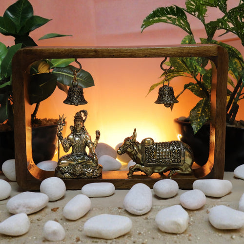 Shiva Brass Idol with Nandi in Frame with Hanging Bells 8.25"