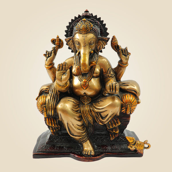 9.25" Brass Ganesh Idol on Throne – Majestic Sitting Ganesha Murti for Home & Gifts