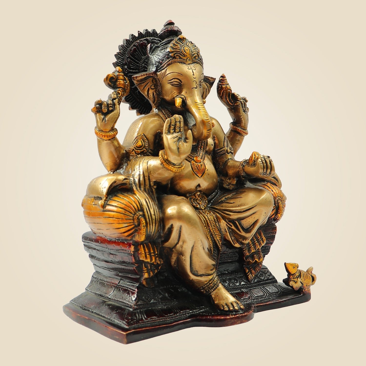 9.25" Brass Ganesh Idol on Throne – Majestic Sitting Ganesha Murti for Home & Gifts