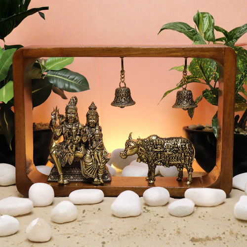 Brass Shiva Parivar Idol with Cow in Wooden Frame with Bells 8.25"