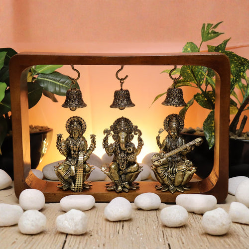 8.25" Brass Ganesha Lakshmi Saraswati Idol Trio in Wooden Frame | Modern Décor