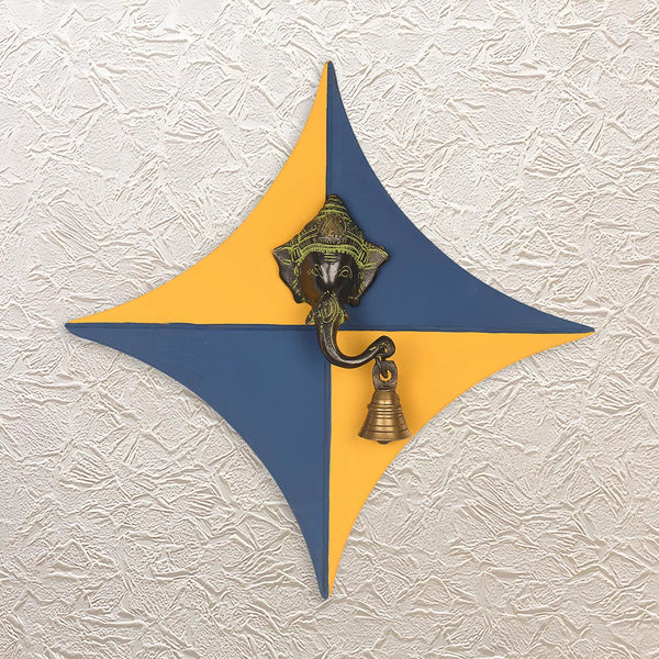 Brass Ganesha Face with Bell Accent • Decorative Wooden Wall Frame 13"