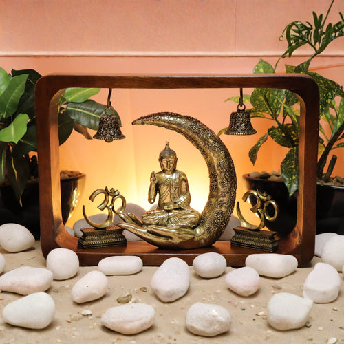 Brass Meditating Buddha Idol on Crescent Moon in Wooden Frame 8.25"with Bells