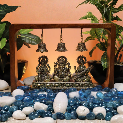 8.25" Brass Lakshmi Ganesha Saraswati Idol Set in Wooden Frame with Hanging Bells